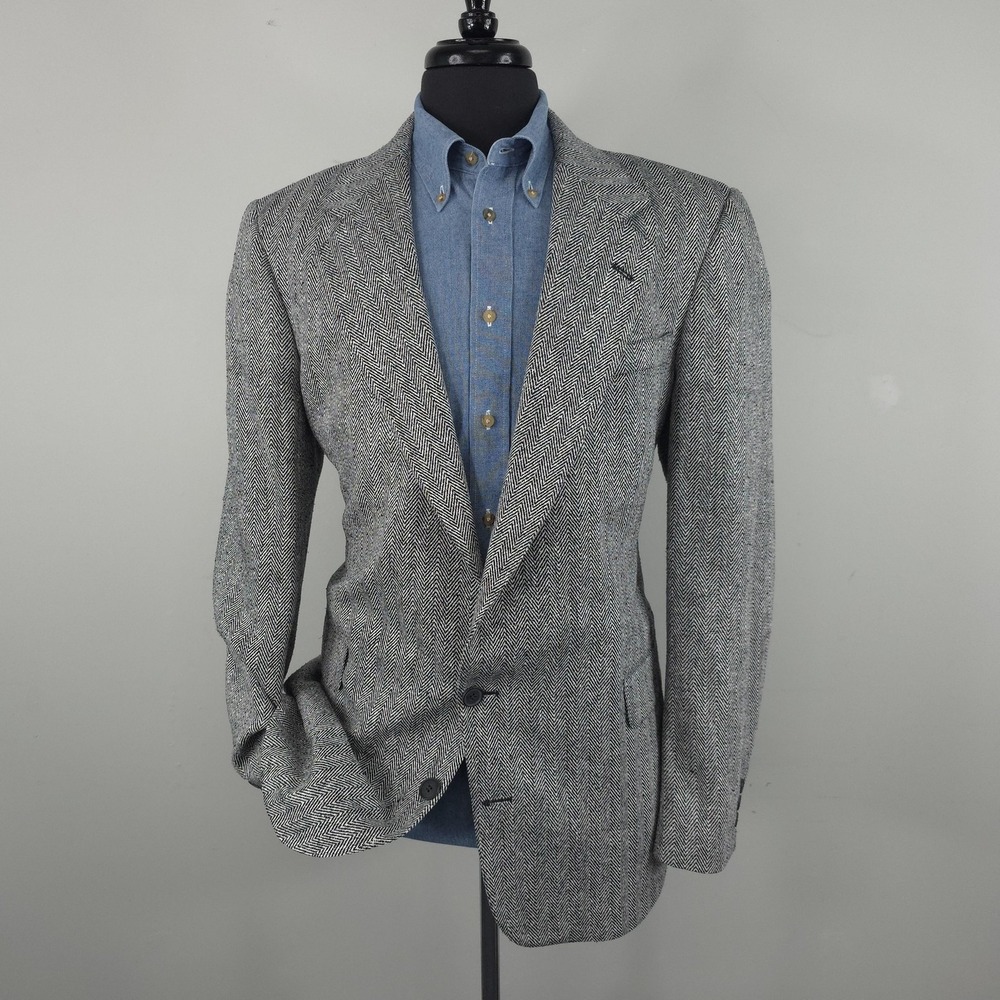 Garrison Park Blazer Mens 42L Gray Herringbone 100% Silk Sport Coat Jacket